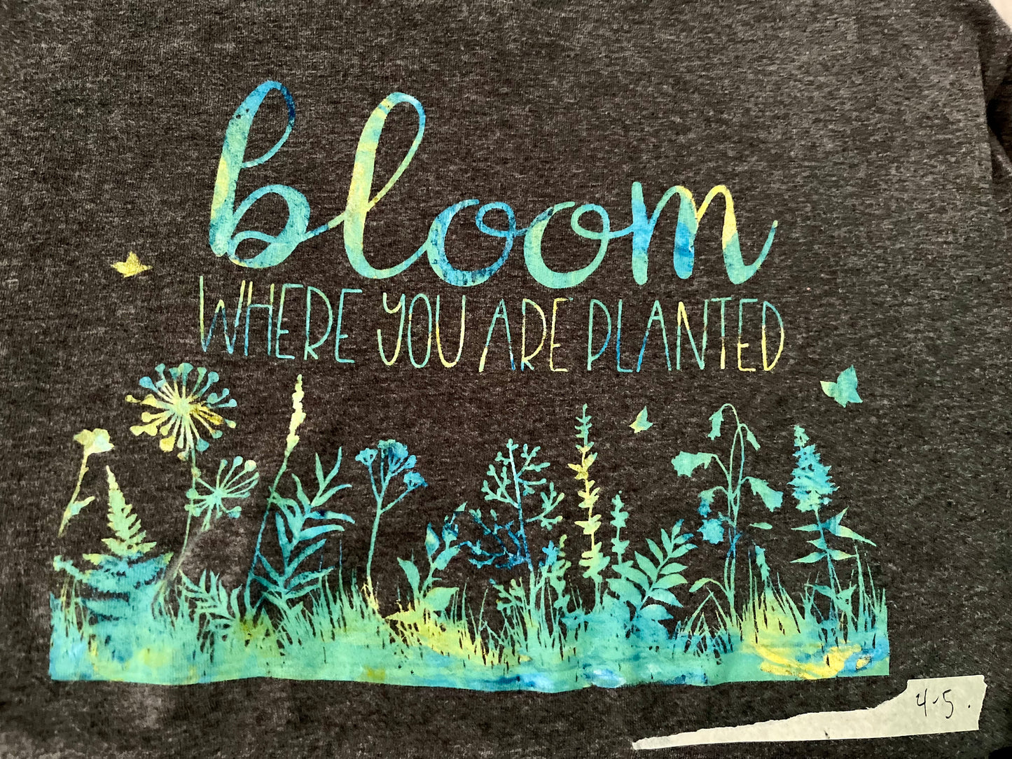 Bloom Where You Are Planted Shirt (Eco-threads) -Blue, Yellow, Green on Gray