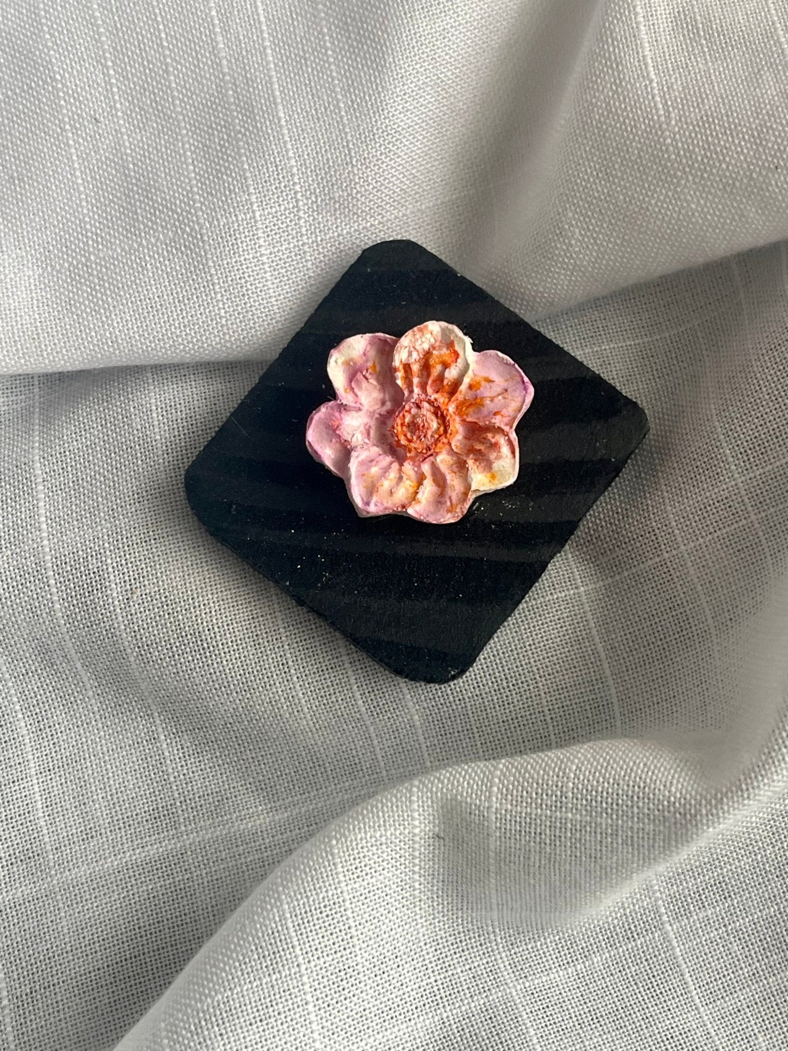 Orange & Pink Flower Magnet (small) Wood and Clay Magnet - Rainbow In The Pines