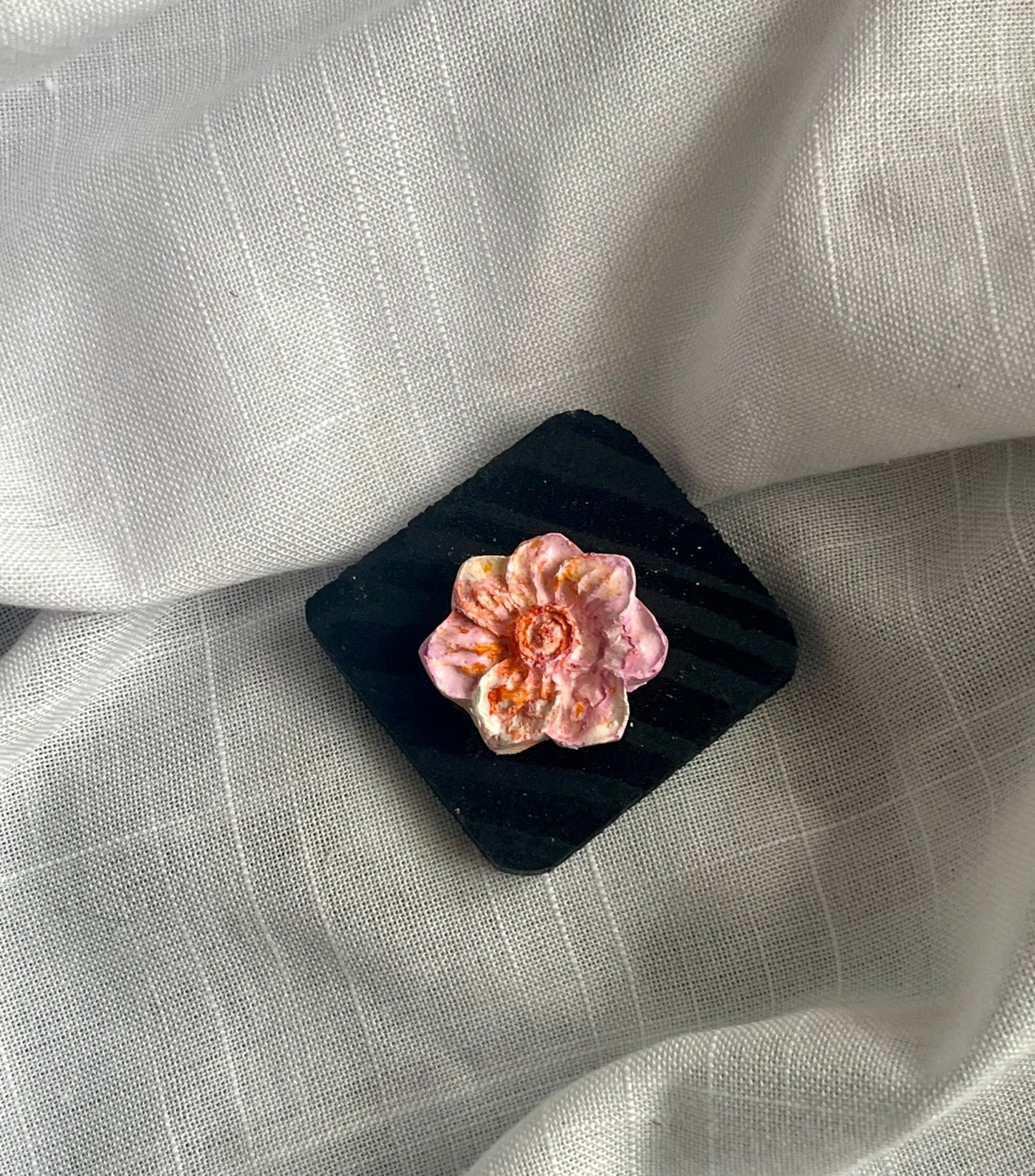 Orange & Pink Flower Magnet (small) Wood and Clay Magnet - Rainbow In The Pines